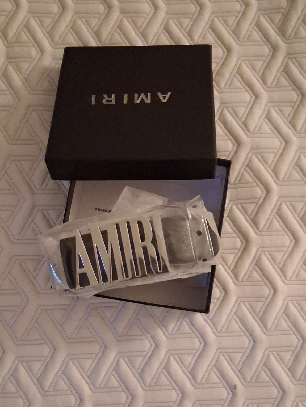 AMIRI Silver Logo Belt Buckle with Black Leather Backing